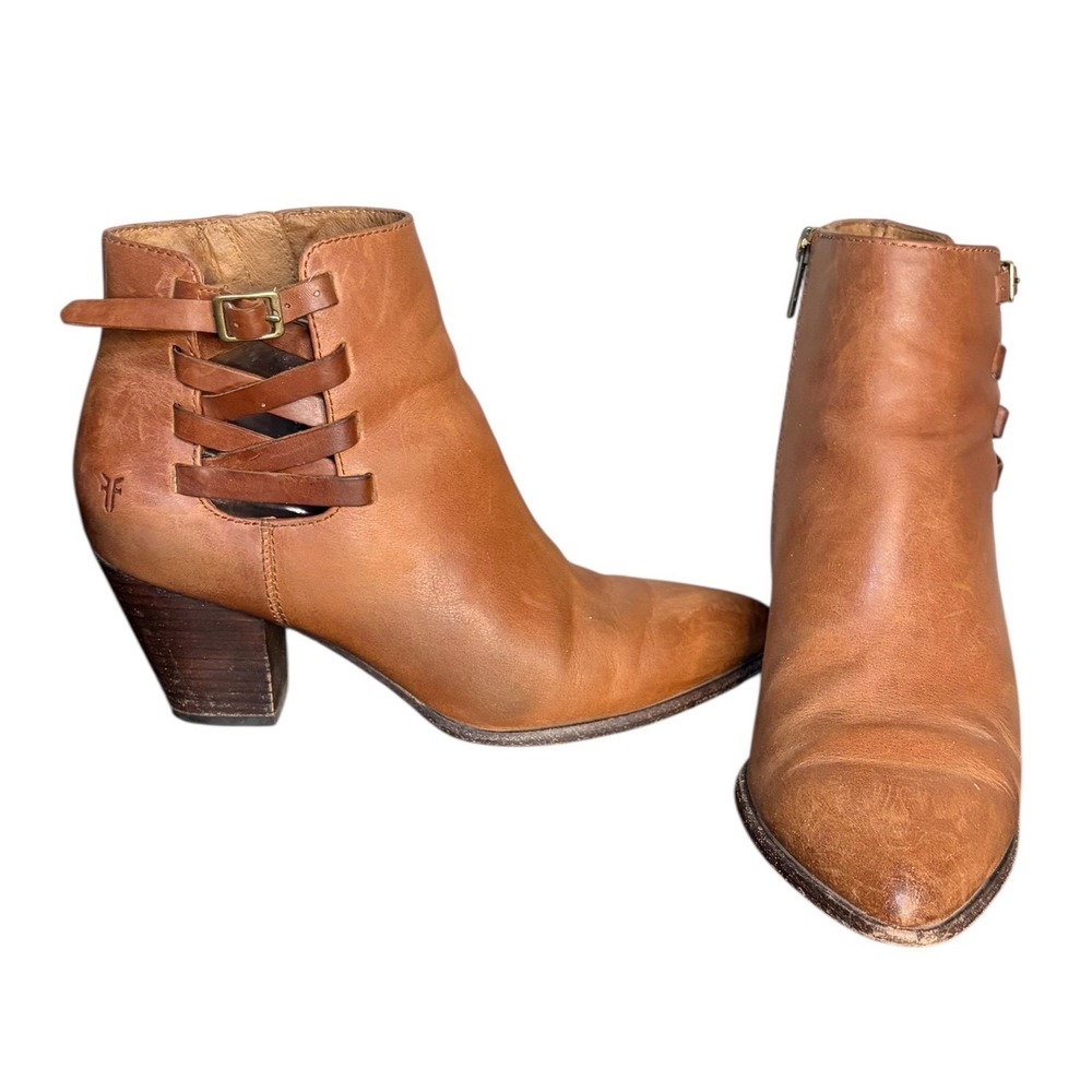 Frye Cognac Leather Ankle Boots Side Lace Buckle Western‎ Women's Size 8M
